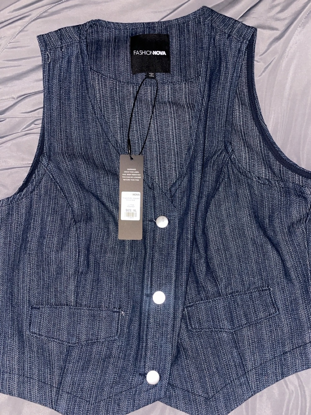 Fashion Nova Navy and Silver Striped Sleeveless Button Vest